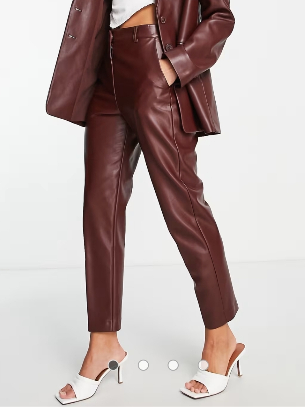 French Connection Cropped Faux-Leather Tapered Pants in Burgundy-Brown